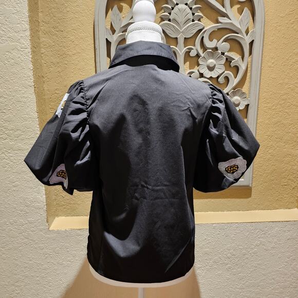 By Design S Black Puff Sleeve Button Up Embroidered Top NWT Poplin Holiday Chic - Picture 8 of 11